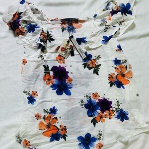 Harve Benard Floral Blouse - Blue, Orange, Purple on White